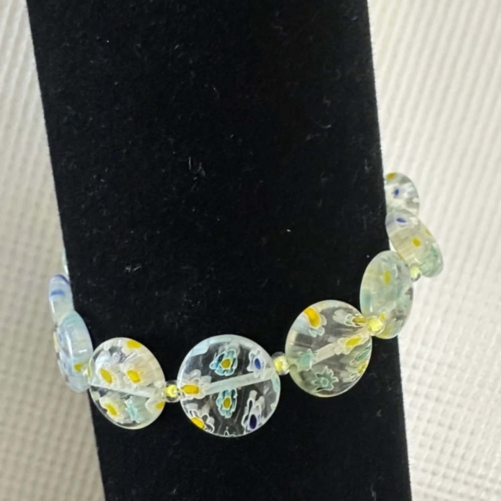 Handmade Clear Glass Millefiori Disc Bracelet with Yellow and Blue Accents